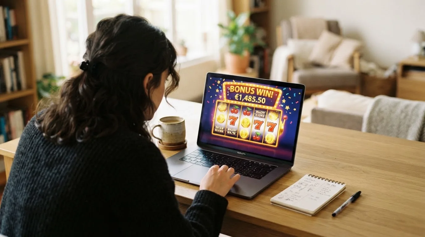 Person am Laptop liest eine Übersichtsseite zu Glücksspielen im Internet — 10 euro bonus ohne einzahlung casino