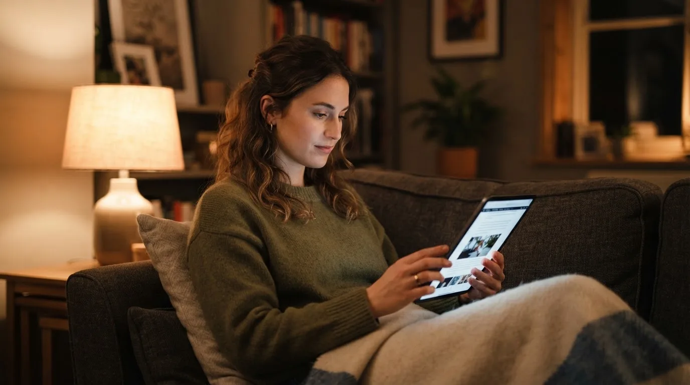 Person sitzt entspannt auf einem Sofa und blickt konzentriert auf ein Tablet in gedämpftem Wohnzimmerlicht am Abend.