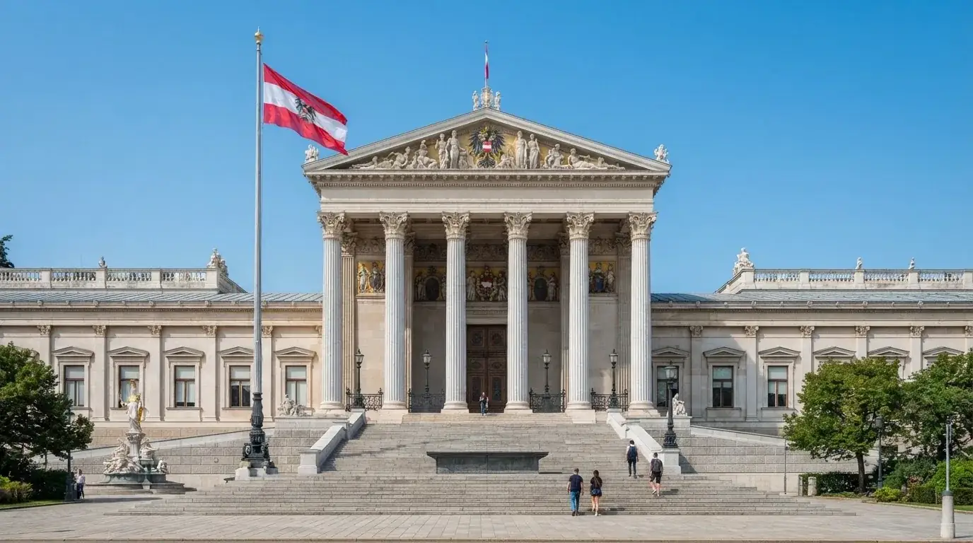 Fassade eines klassizistischen Wiener Amtsgebäudes mit österreichischer Flagge an einem klaren Nachmittag.