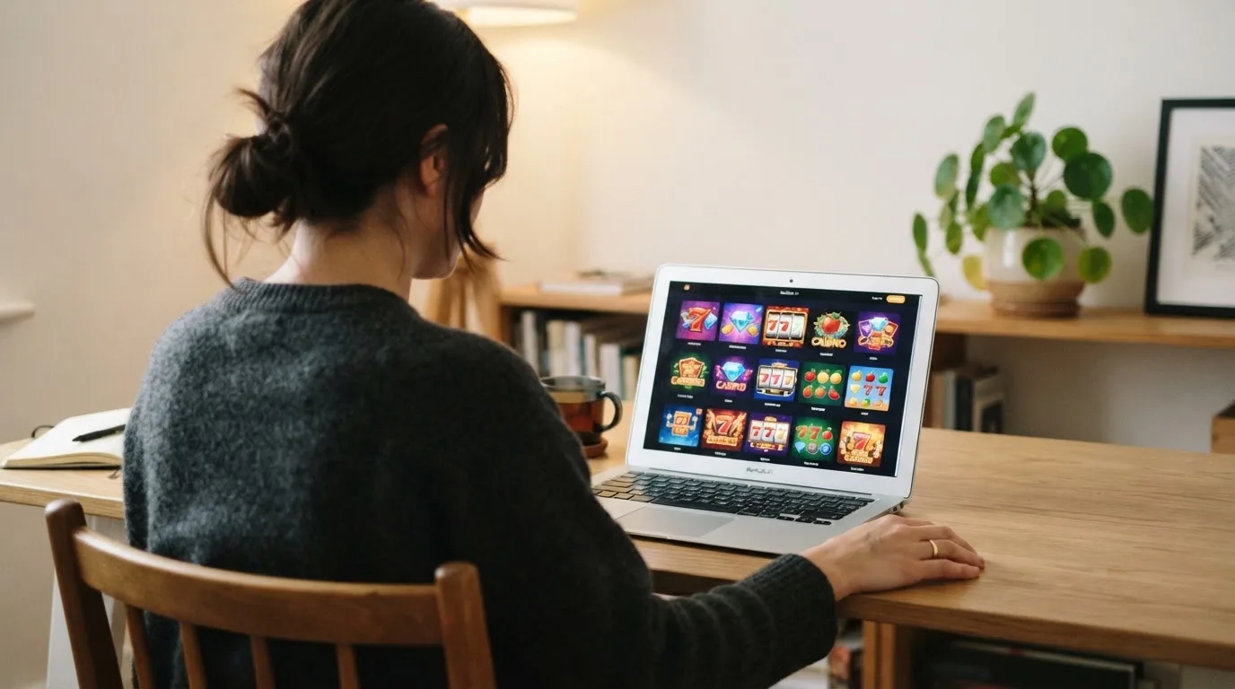 Person am Laptop liest eine Übersichtsseite zu Glücksspielen im Internet — 15 euro bonus ohne einzahlung casino