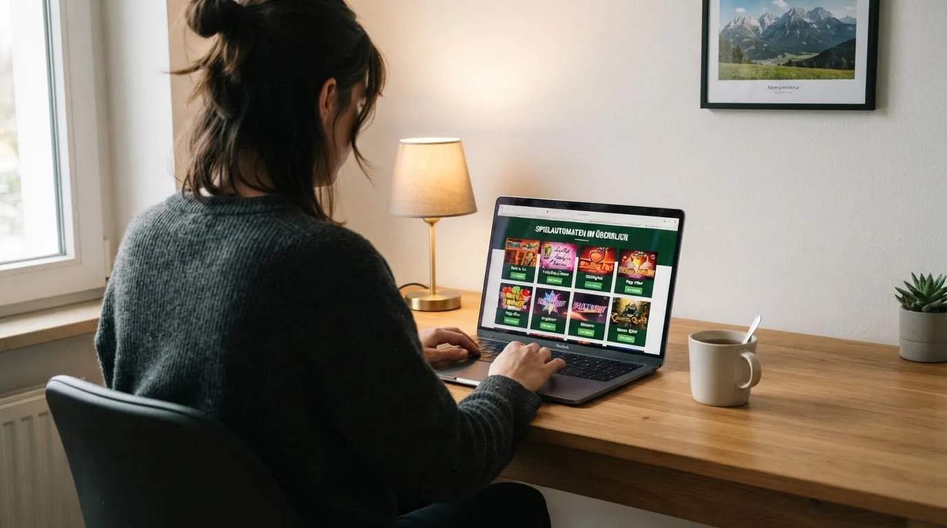 Person am Laptop liest eine Übersichtsseite zu Glücksspielen im Internet — 150 freispiele ohne einzahlung