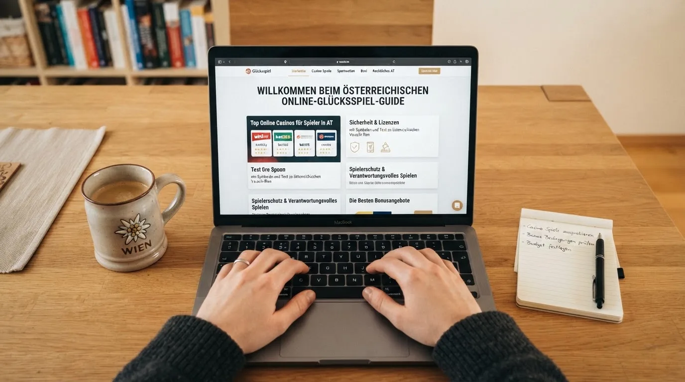 Person am Laptop liest eine Übersichtsseite zu Glücksspielen im Internet — 20 euro bonus ohne einzahlung casino