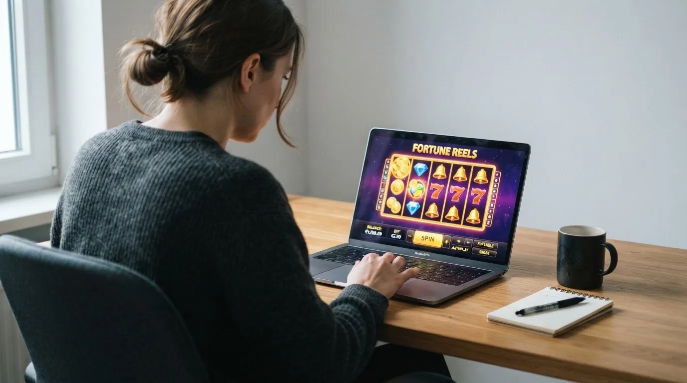 Person am Laptop liest eine Übersichtsseite zu Glücksspielen im Internet — 20 freispiele ohne einzahlung