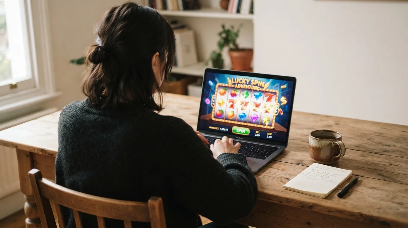Person am Laptop liest eine Übersichtsseite zu Glücksspielen im Internet — 40 euro bonus ohne einzahlung casino