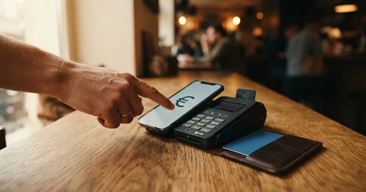 Kartenterminal und Smartphone auf einem Holztisch neben einer Geldbörse — 40 euro bonus ohne einzahlung casino