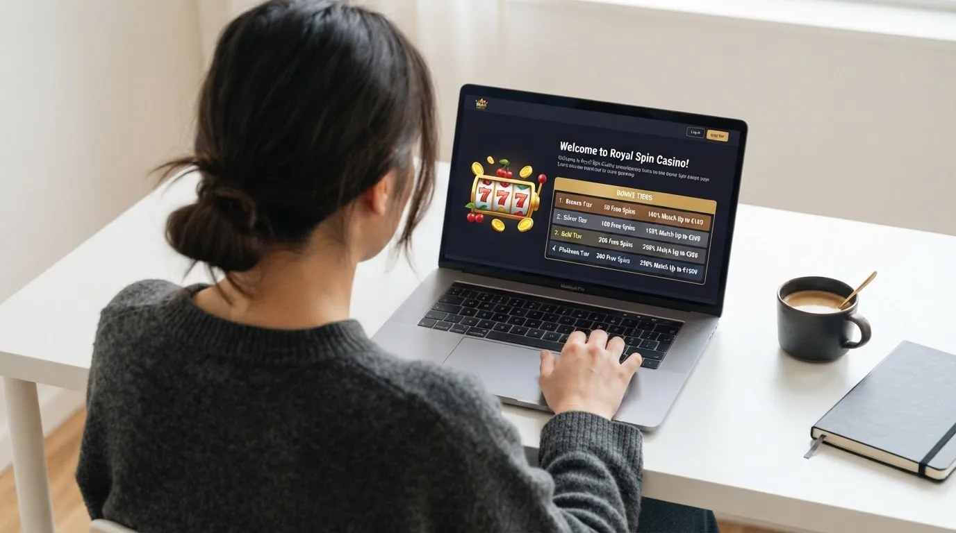 Person am Laptop liest eine Übersichtsseite zu Glücksspielen im Internet — 5 euro bonus ohne einzahlung casino