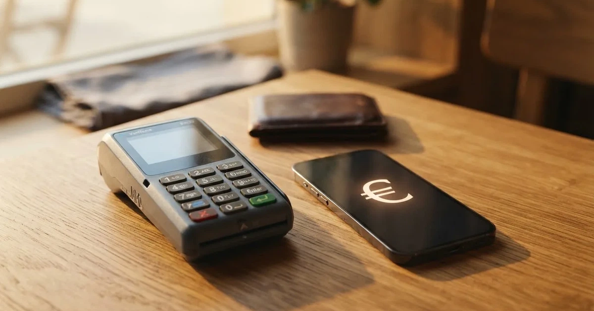 Kartenterminal und Smartphone auf einem Holztisch neben einer Geldbörse — 5 euro bonus ohne einzahlung casino