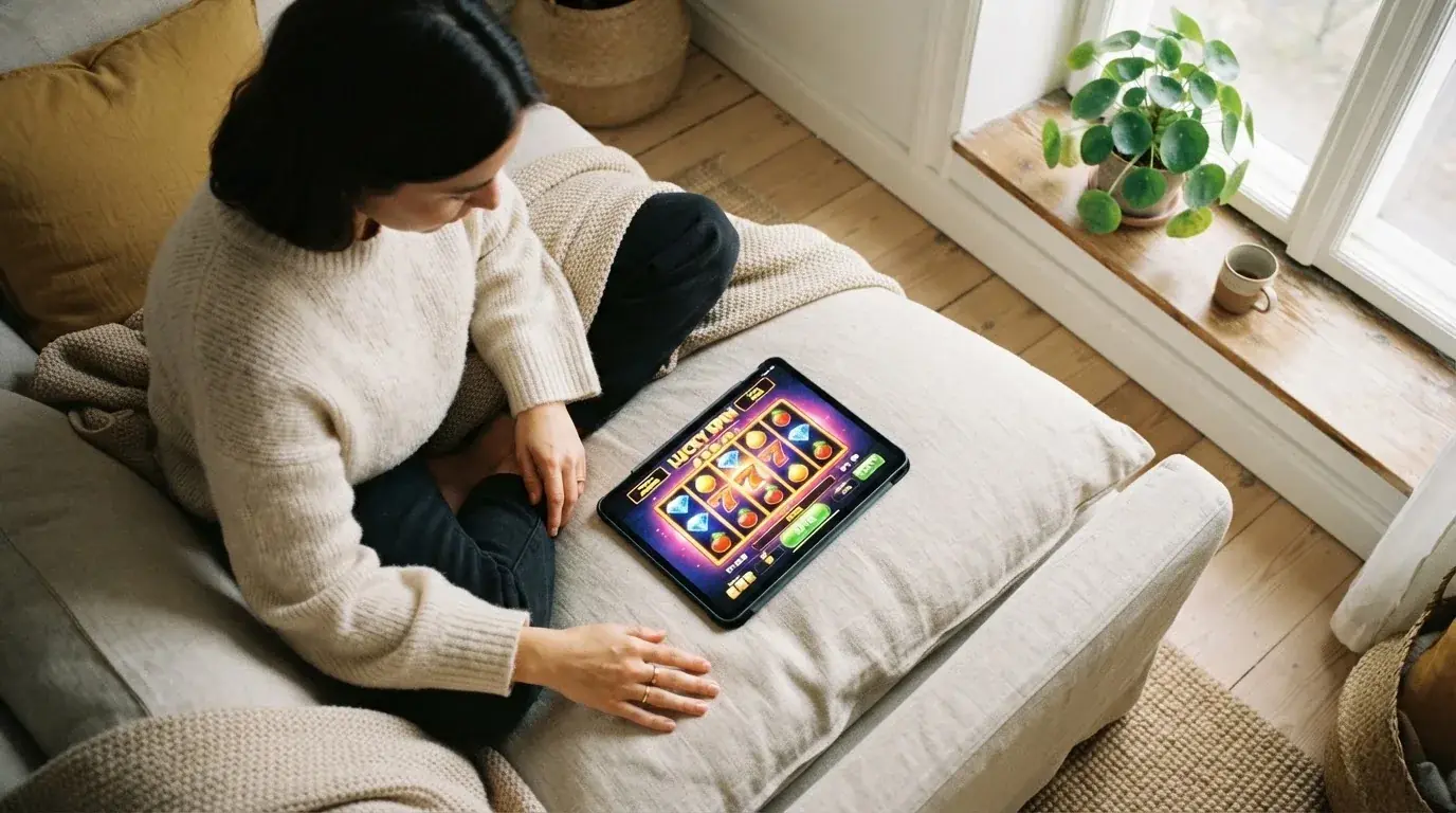 Person sitzt entspannt mit einem Tablet auf dem Schoß in einem hellen Wohnzimmer und blickt konzentriert auf den Bildschirm.