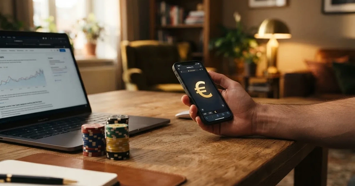 Nahaufnahme einer Hand, die eine Bankkarte in ein Kartenlesegerät neben einem Laptop auf einem Holztisch steckt.