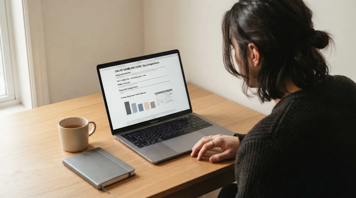Person am Laptop liest eine Übersichtsseite zu Glücksspielen im Internet — aviator online casino