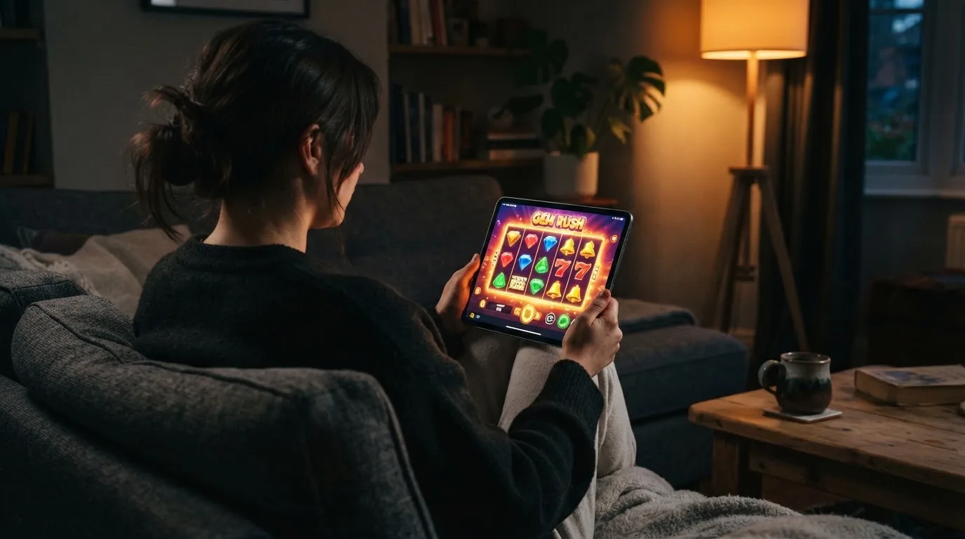 Person sitzt entspannt auf einem Sofa und blickt konzentriert auf ein Tablet in gedämpftem Wohnzimmerlicht am Abend.
