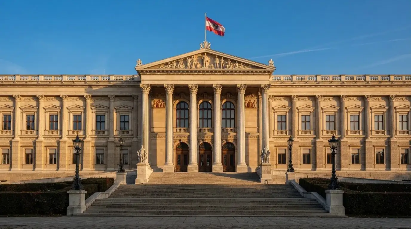 Fassade eines klassizistischen Wiener Amtsgebäudes mit österreichischer Flagge an einem klaren Nachmittag.