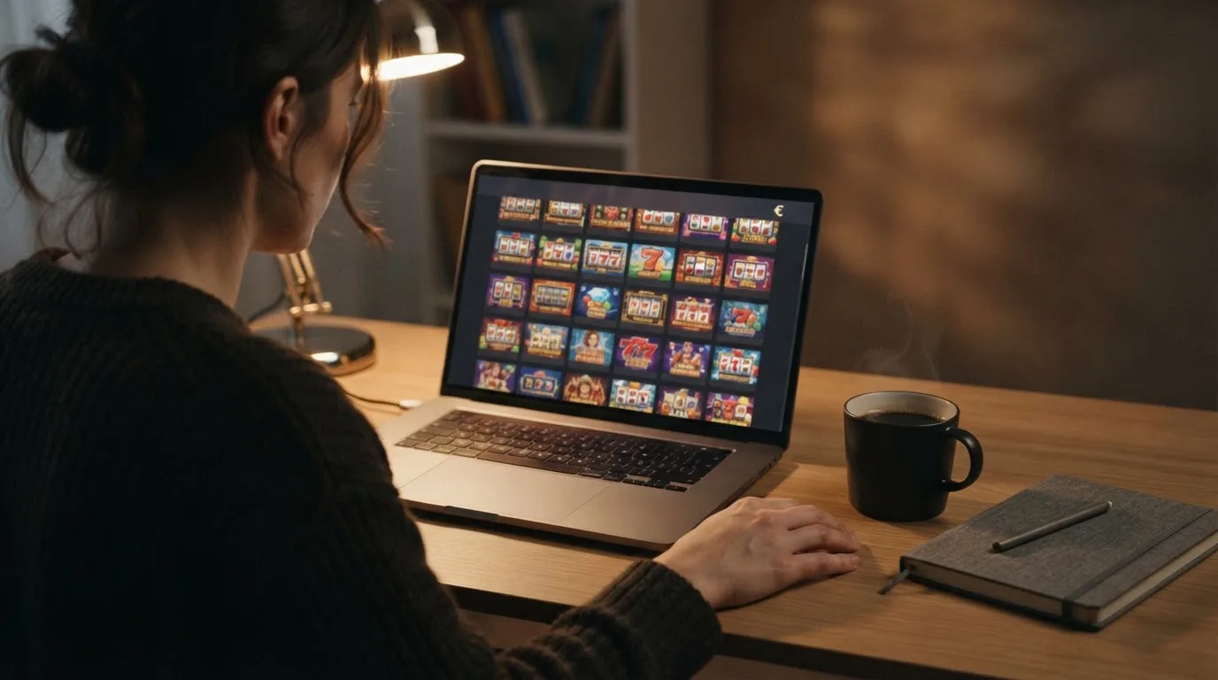 Person am Laptop liest eine Übersichtsseite zu Glücksspielen im Internet — beste craps online casinos österreich