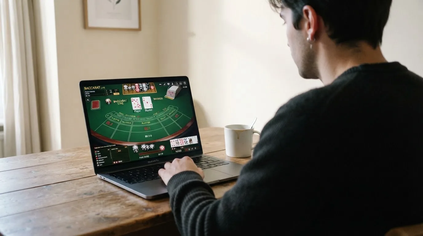 Person am Laptop liest eine Übersichtsseite zu Glücksspielen im Internet — beste live baccarat österreich