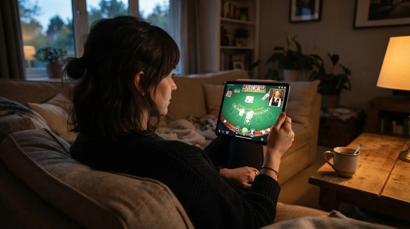 Person sitzt entspannt auf einem Sofa und blickt konzentriert auf ein Tablet in gedämpftem Wohnzimmerlicht am Abend.