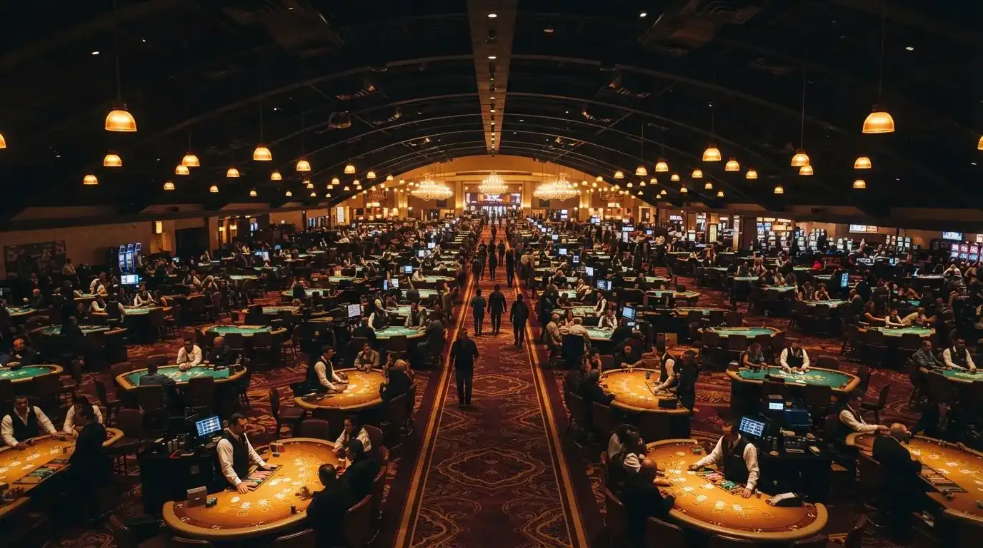 Reihe leuchtender Spieltische in einer Kasinohalle, fotografiert aus der Vogelperspektive eines Ganges.