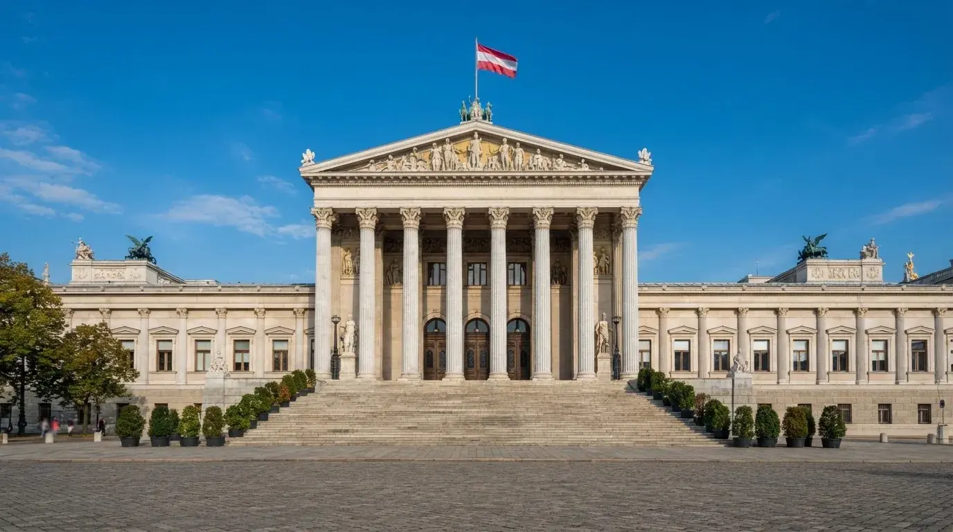 Fassade eines klassizistischen Wiener Amtsgebäudes mit österreichischer Flagge an einem klaren Nachmittag.