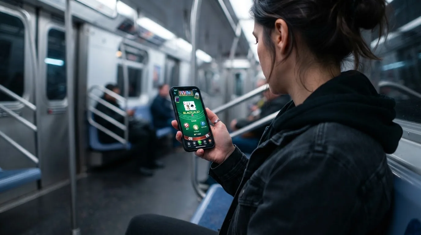Person hält ein Smartphone in beiden Händen und tippt, sitzend in einer U-Bahn mit unscharfem Hintergrund.