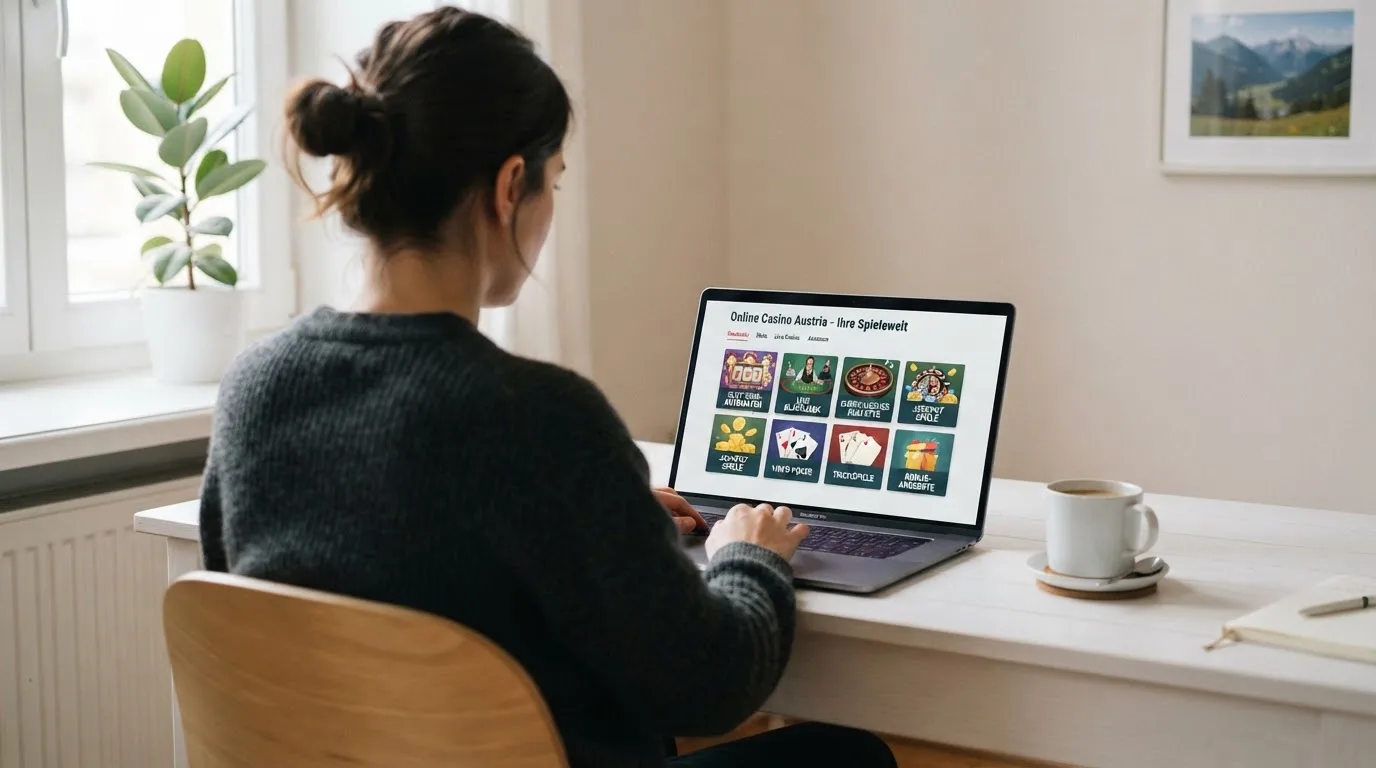Person am Laptop liest eine Übersichtsseite zu Glücksspielen im Internet — beste online casino ausland