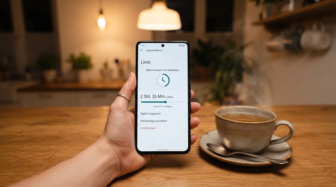 Hand hält ein Smartphone, daneben eine Tasse Tee, ruhige Abendstimmung am Küchentisch — beste online casino ausland