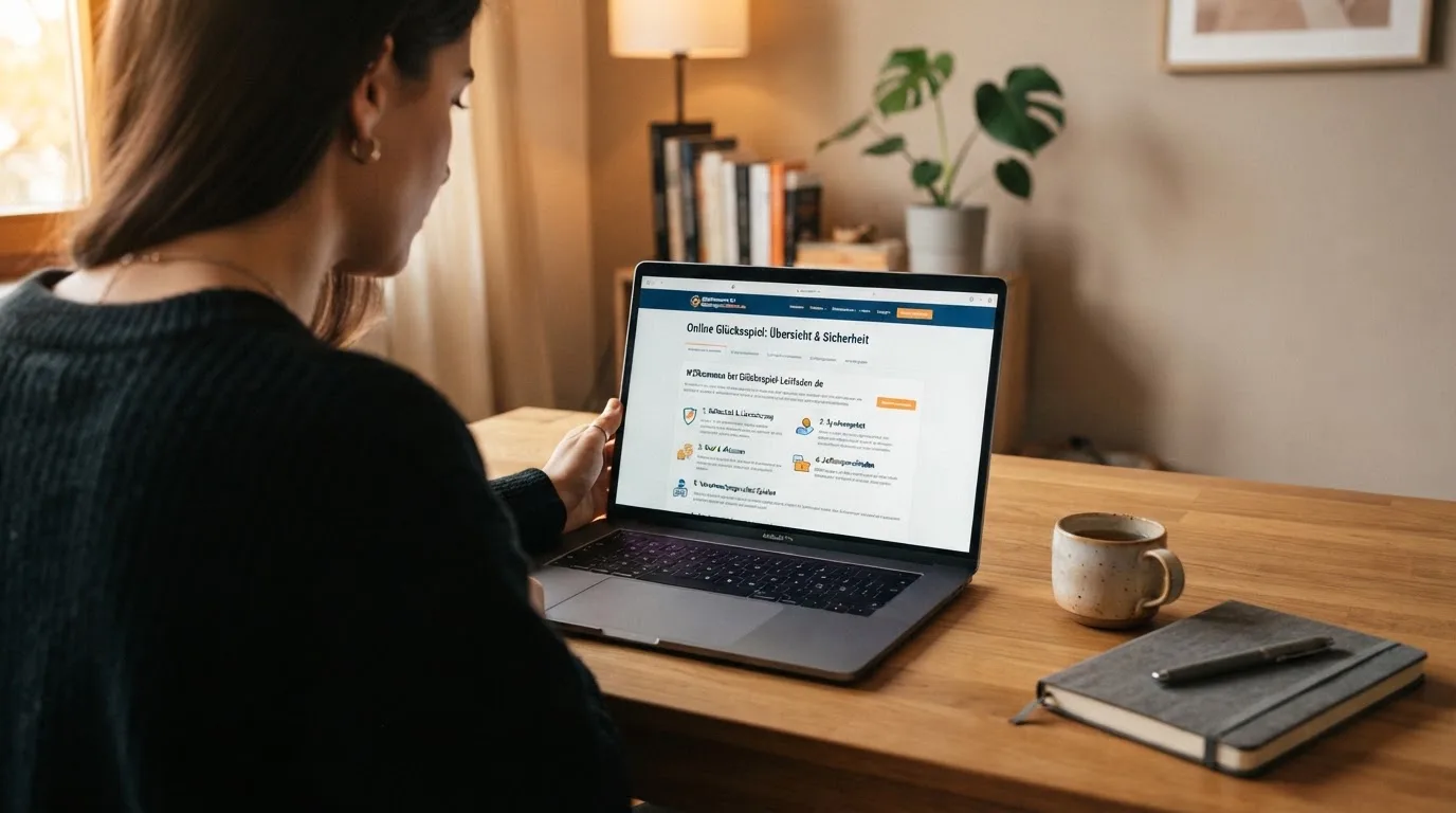 Person am Laptop liest eine Übersichtsseite zu Glücksspielen im Internet — beste online casino echtgeld app