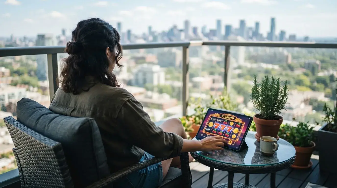 Person sitzt entspannt mit einem Tablet auf dem Balkon eines modernen Apartments.