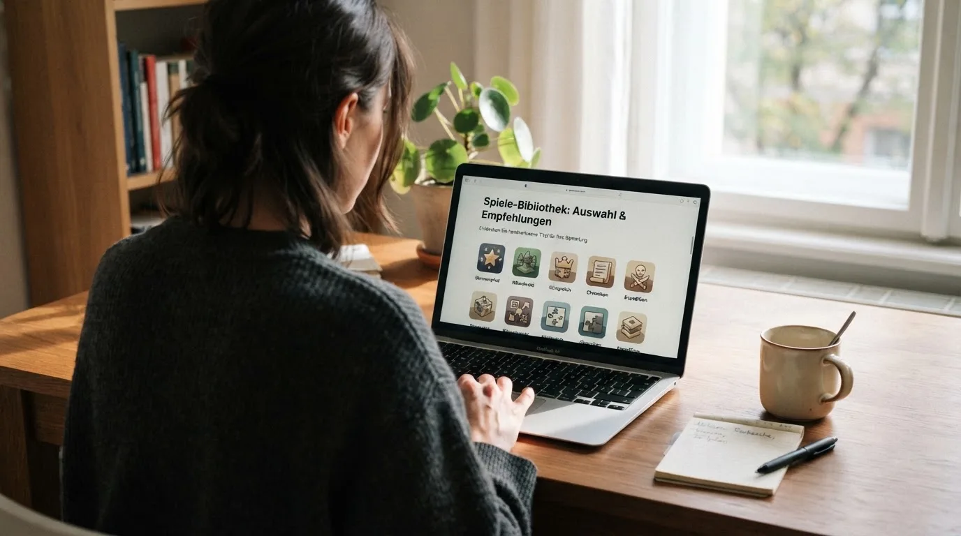 Person am Laptop liest eine Übersichtsseite zu Glücksspielen im Internet — beste online casino mit banküberweisung bezahlen