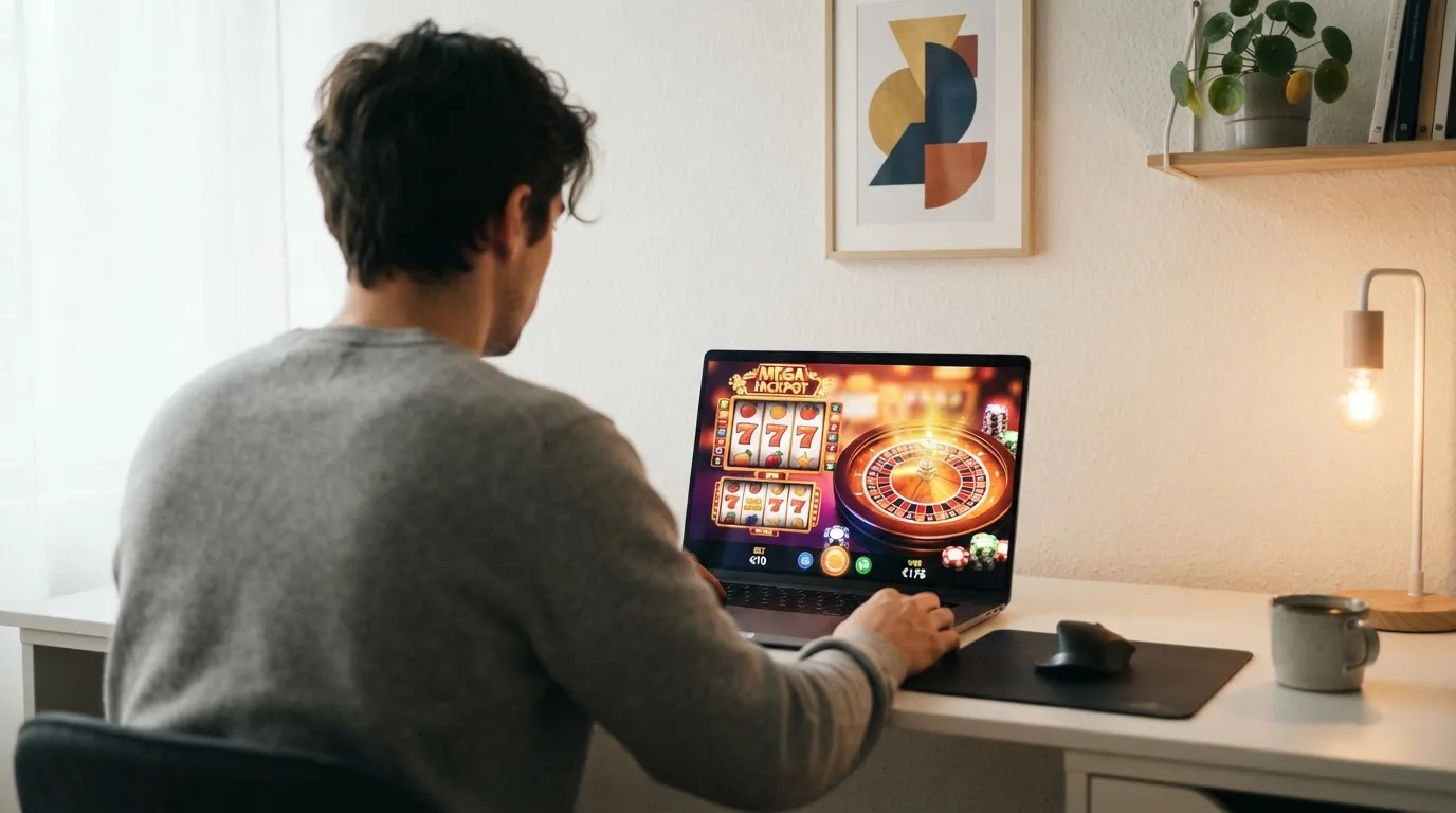 Person am Laptop liest eine Übersichtsseite zu Glücksspielen im Internet — beste online casino mit cashtocode bezahlen