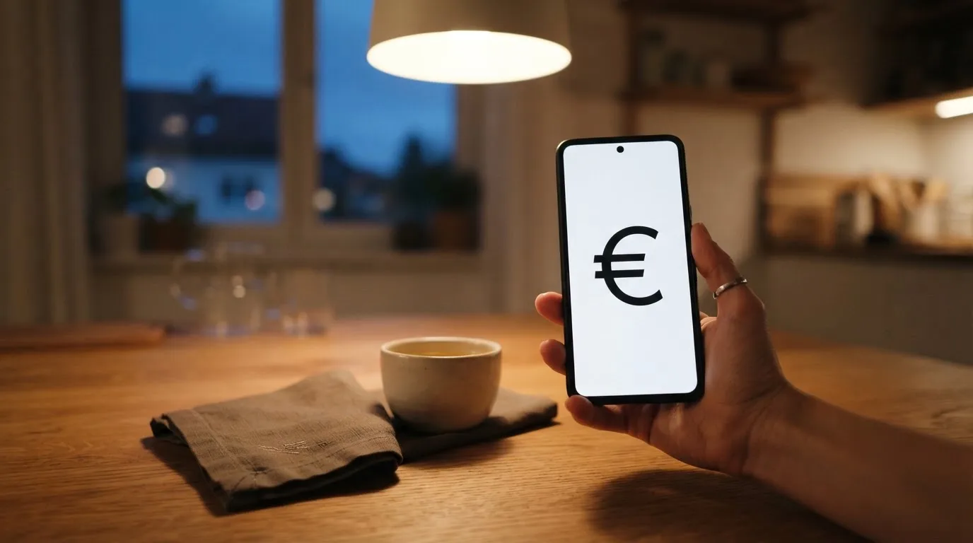 Hand hält ein Smartphone, daneben eine Tasse Tee, ruhige Abendstimmung am Küchentisch — beste online casino österreich