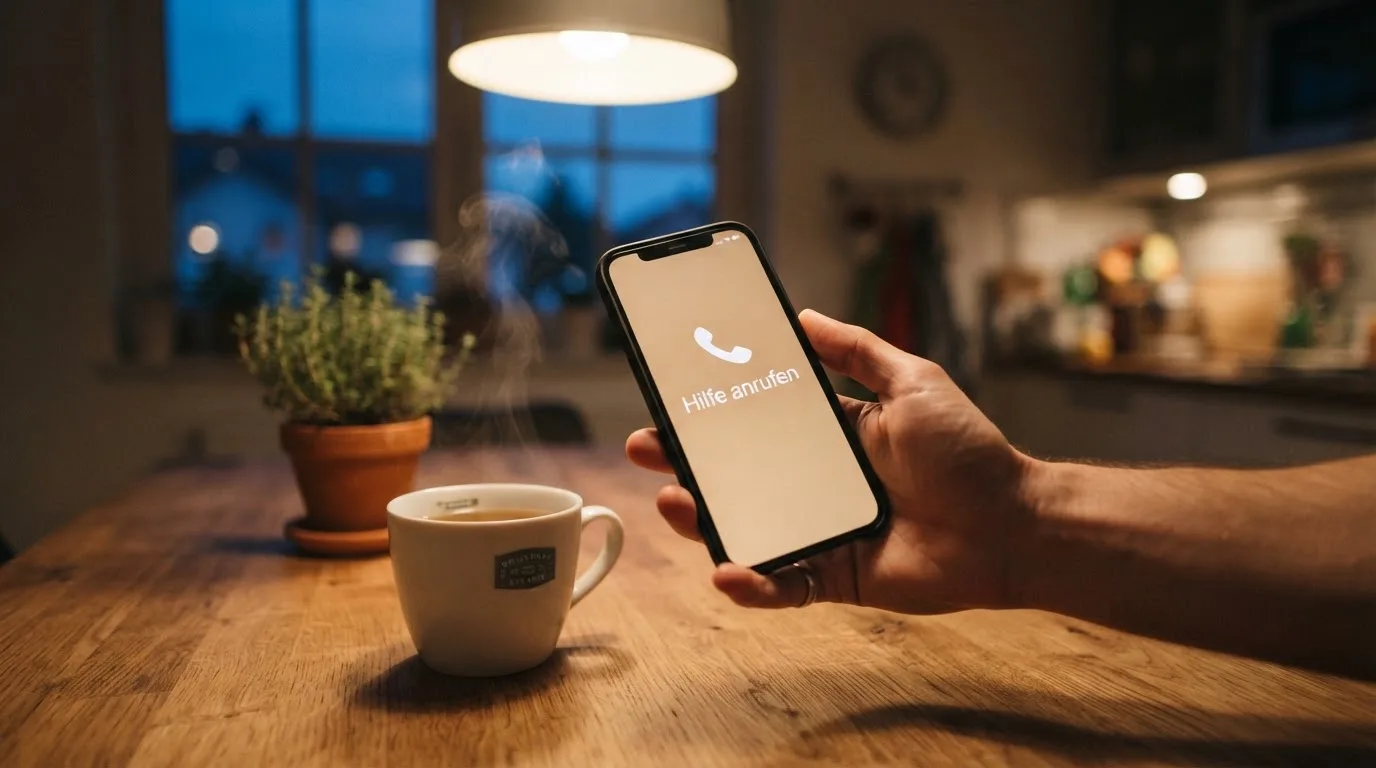 Hand hält ein Smartphone, daneben eine Tasse Tee, ruhige Abendstimmung am Küchentisch — beste online casinos echtgeld