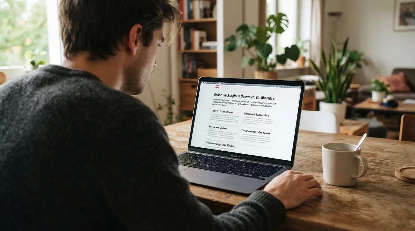 Person am Laptop liest eine Übersichtsseite zu Glücksspielen im Internet — beste online casinos mit österreichischer lizenz