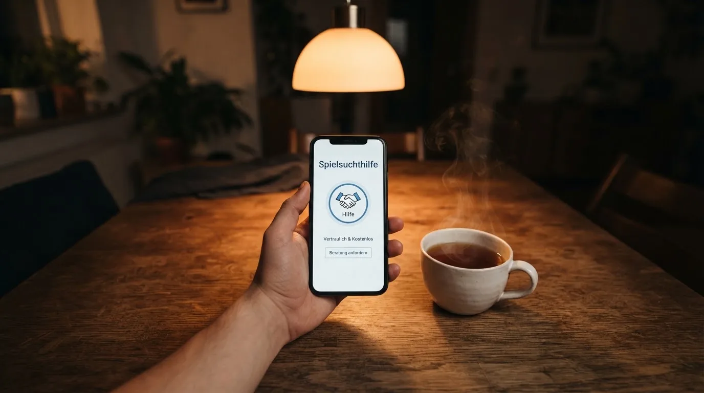 Hand hält ein Smartphone, daneben eine Tasse Tee, ruhige Abendstimmung am Küchentisch — beste online casinos mit österreichischer lizenz