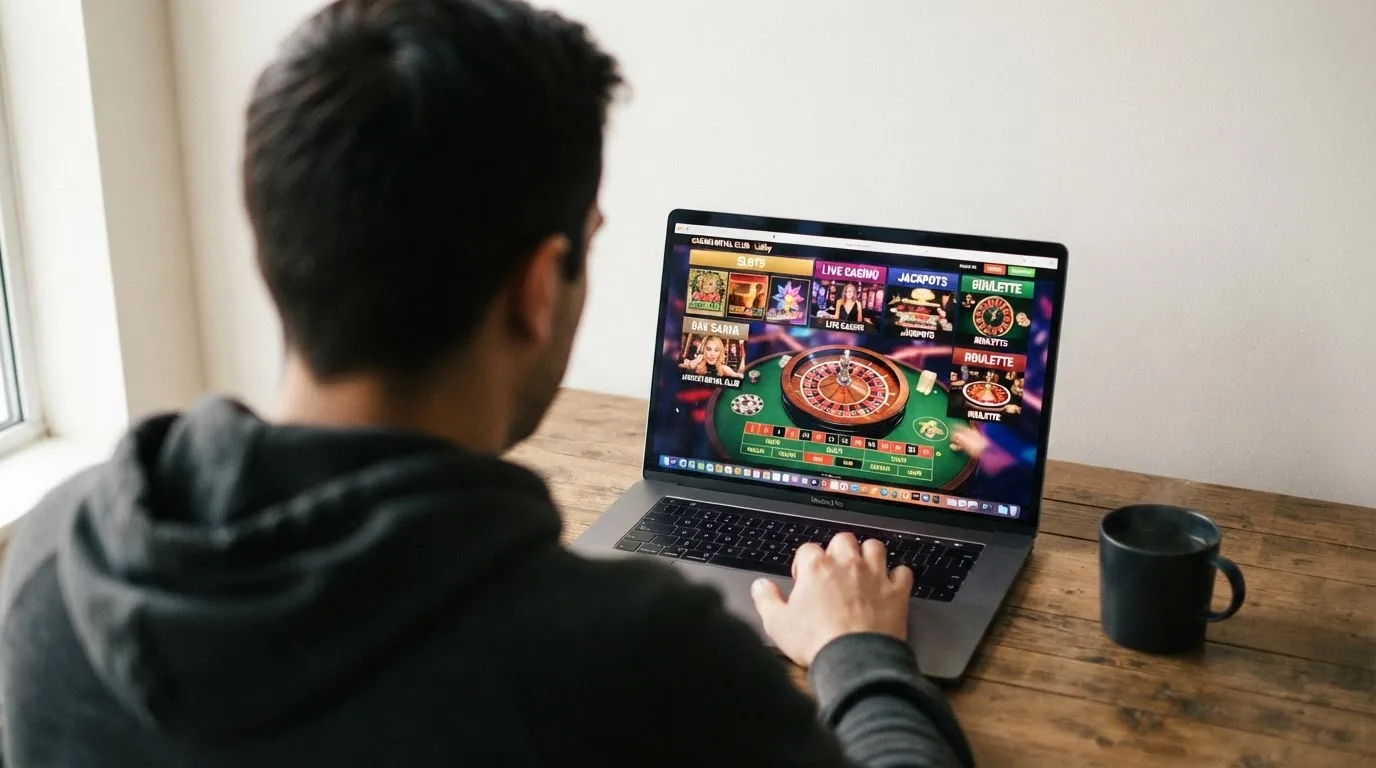 Person am Laptop liest eine Übersichtsseite zu Glücksspielen im Internet — beste online casinos österreich mit no deposit bonus