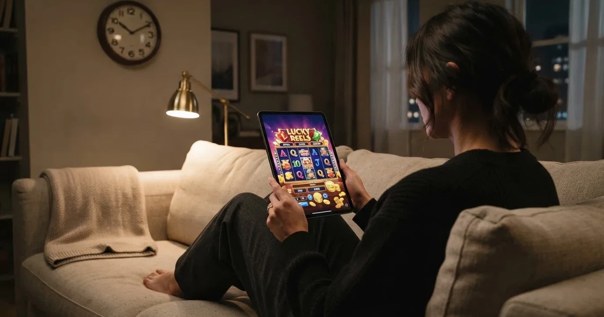 Person am Sofa schaut nachdenklich auf ein Tablet, im Hintergrund eine Uhr — beste online casinos österreich mit no deposit bonus