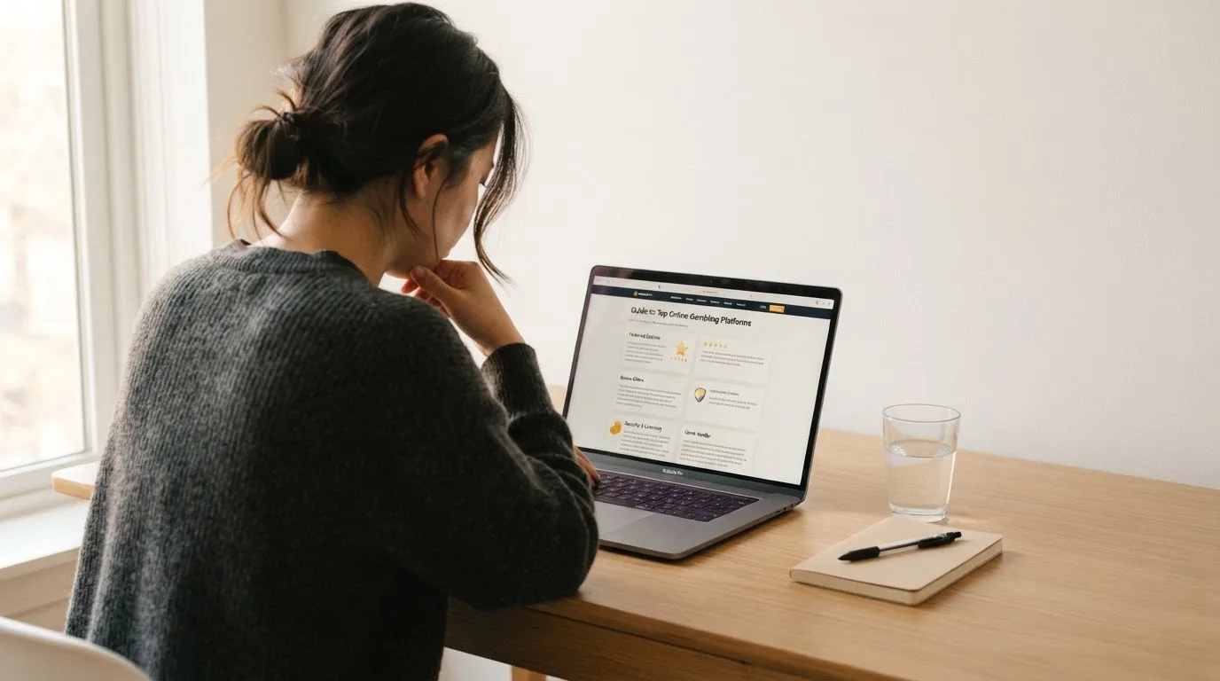 Person am Laptop liest eine Übersichtsseite zu Glücksspielen im Internet — beste online casinos ohne limit