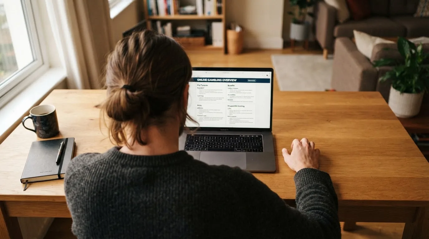 Person am Laptop liest eine Übersichtsseite zu Glücksspielen im Internet — beste online casinos ohne verifizierung