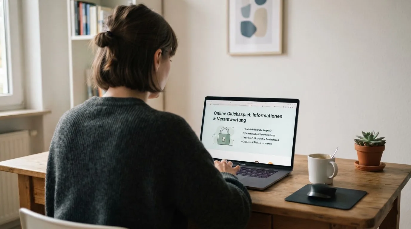 Person am Laptop liest eine Übersichtsseite zu Glücksspielen im Internet — beste online spielothek casinos