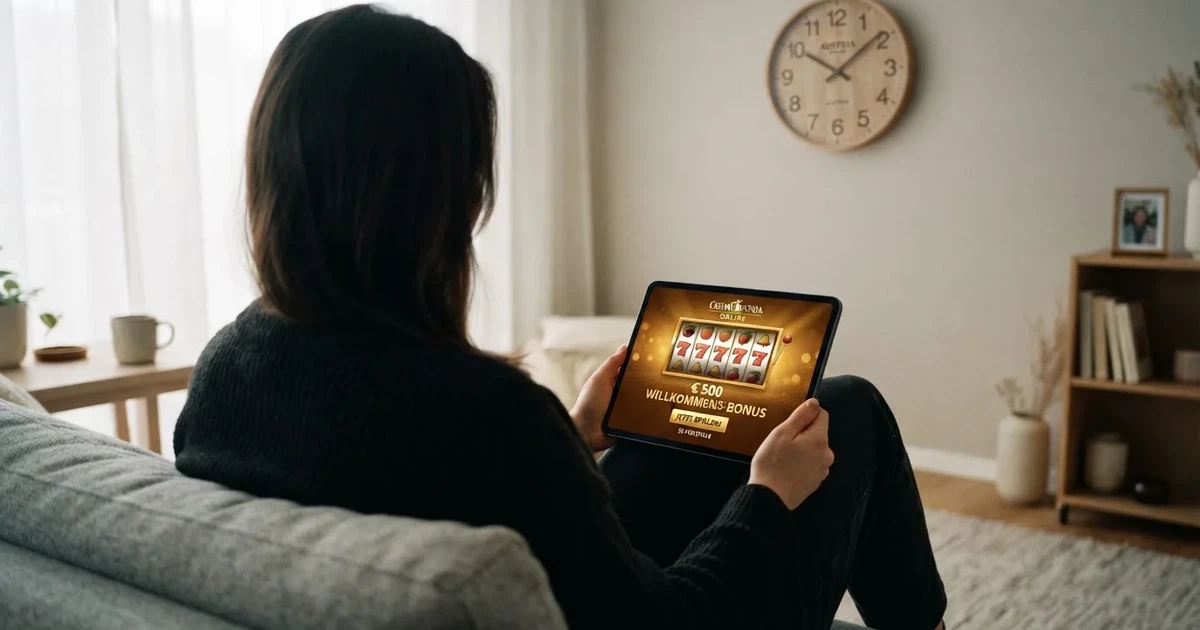Person am Sofa schaut nachdenklich auf ein Tablet, im Hintergrund eine Uhr — bester willkommensbonus online casino