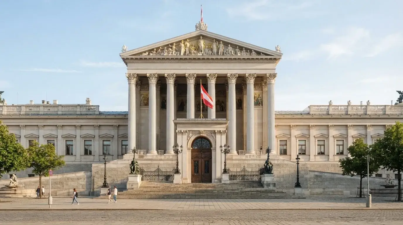 Fassade eines klassizistischen Wiener Amtsgebäudes mit österreichischer Flagge an einem klaren Nachmittag.