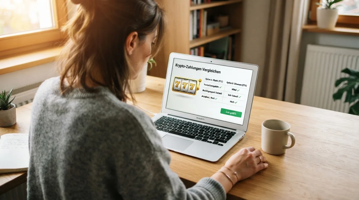 Person am Laptop liest eine Übersichtsseite zu Glücksspielen im Internet — binance coin casino vergleich