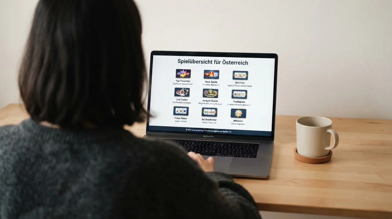 Person am Laptop liest eine Übersichtsseite zu Glücksspielen im Internet — bitcoin cash casino vergleich