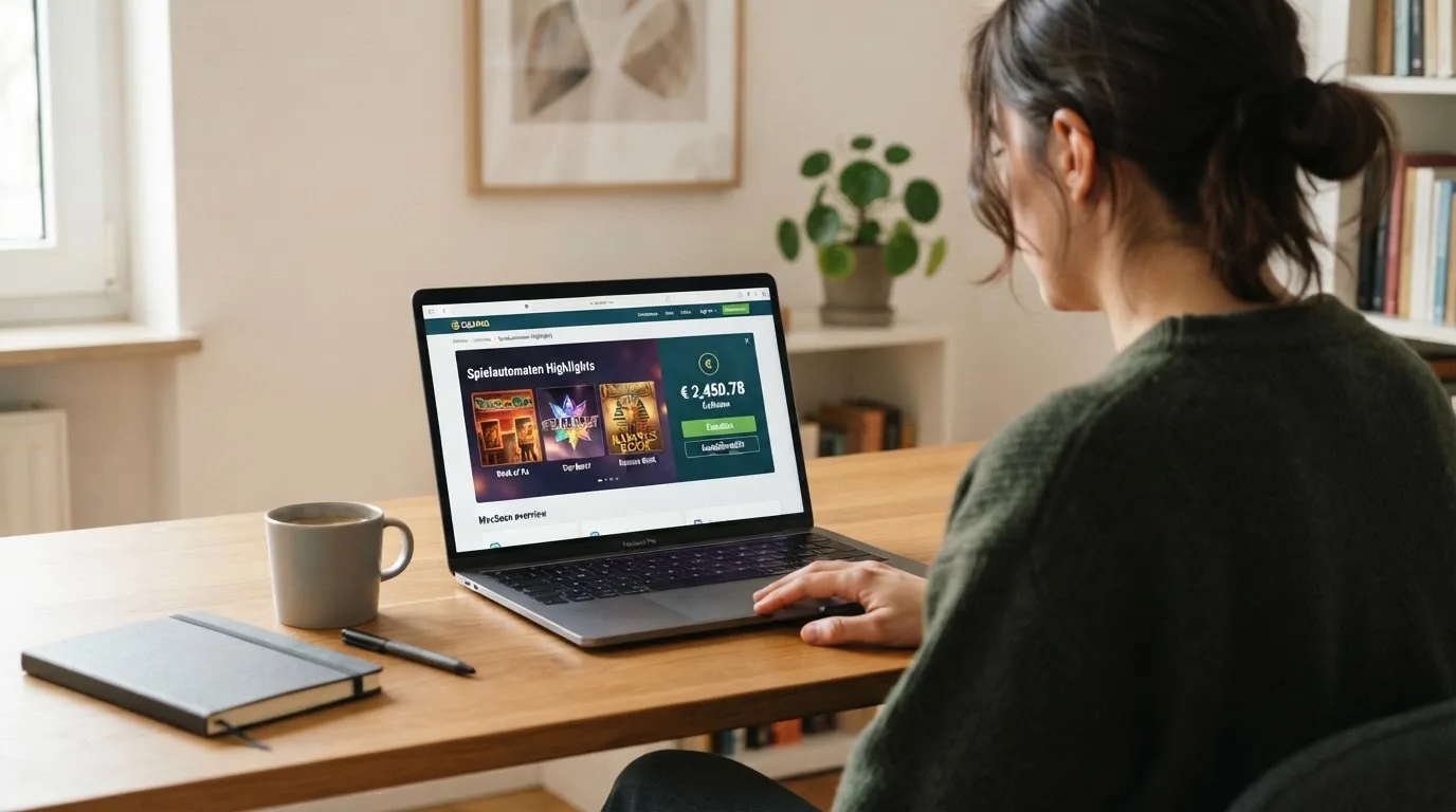 Person am Laptop liest eine Übersichtsseite zu Glücksspielen im Internet — casino bonus ohne einzahlung