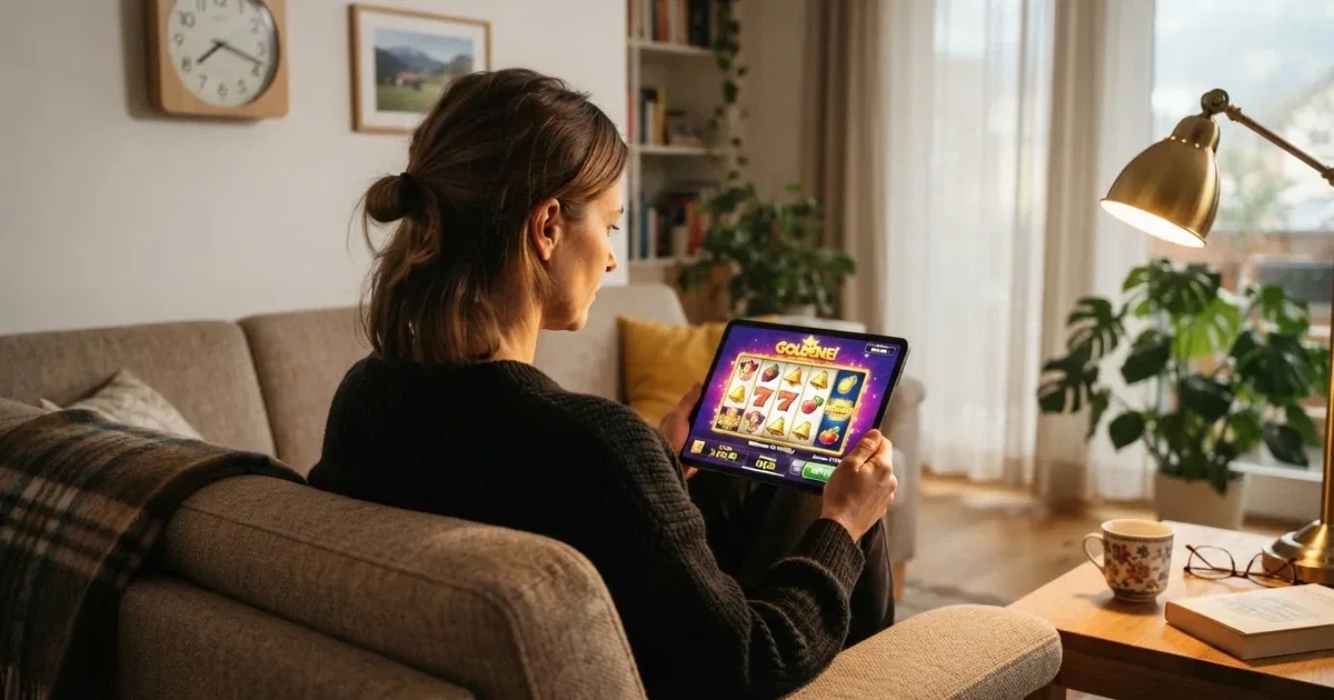 Person am Sofa schaut nachdenklich auf ein Tablet, im Hintergrund eine Uhr — casino bonus ohne einzahlung