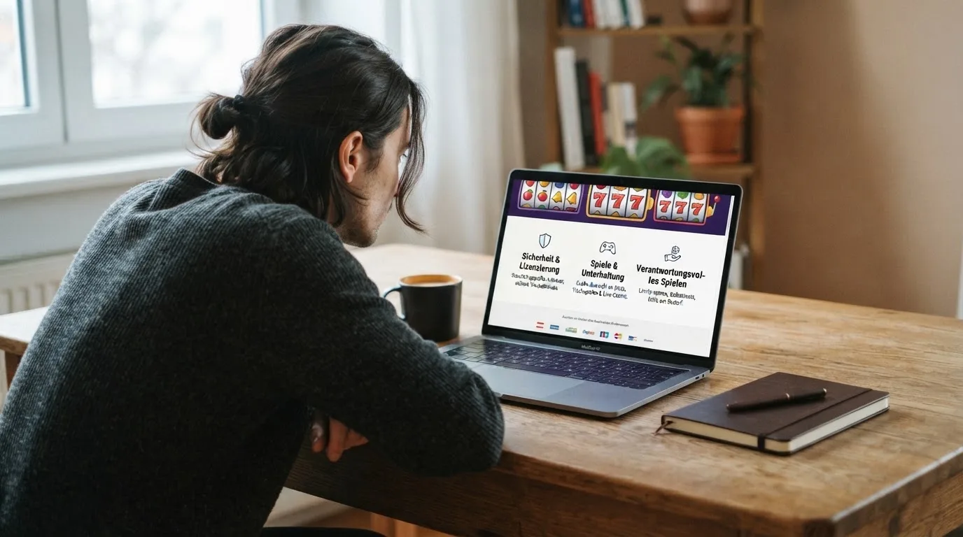 Person am Laptop liest eine Übersichtsseite zu Glücksspielen im Internet — casino guthaben ohne einzahlung