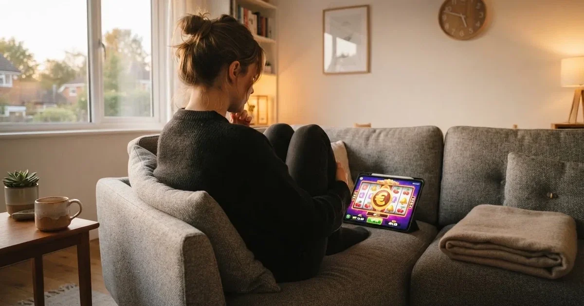 Person am Sofa schaut nachdenklich auf ein Tablet, im Hintergrund eine Uhr — casino online mit bonus ohne einzahlung