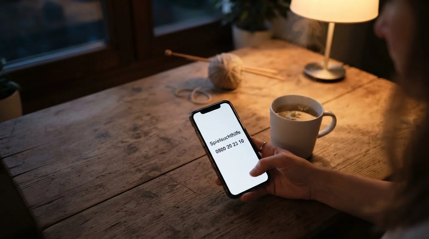 Hand hält ein Smartphone, daneben eine Tasse Tee, ruhige Abendstimmung am Küchentisch — freie 90 tage qualifikationszeitraum casino
