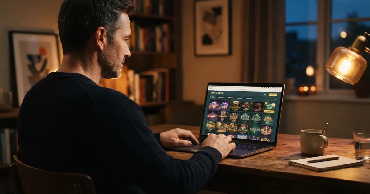 Person am Laptop liest eine Übersichtsseite zu Glücksspielen im Internet — freie 90 tage qualifikationszeitraum casino