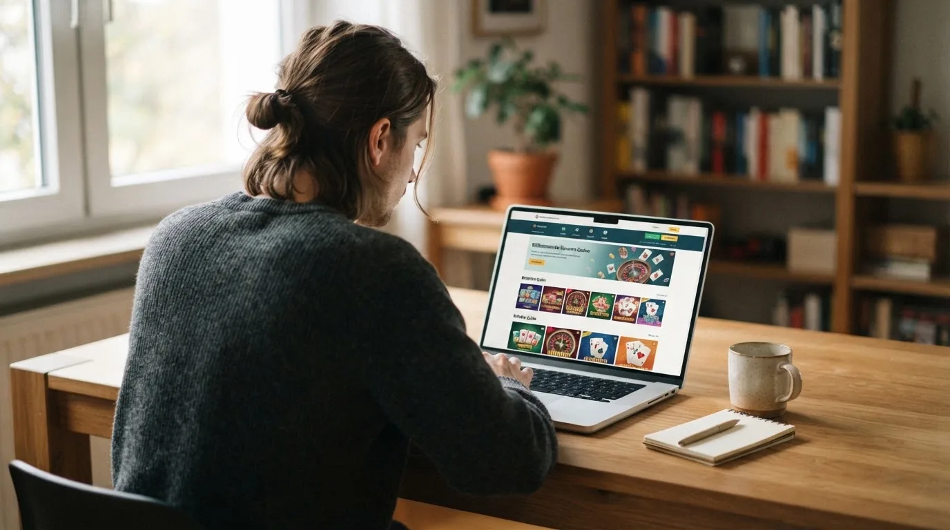 Person am Laptop liest eine Übersichtsseite zu Glücksspielen im Internet — online casino mit autoplay