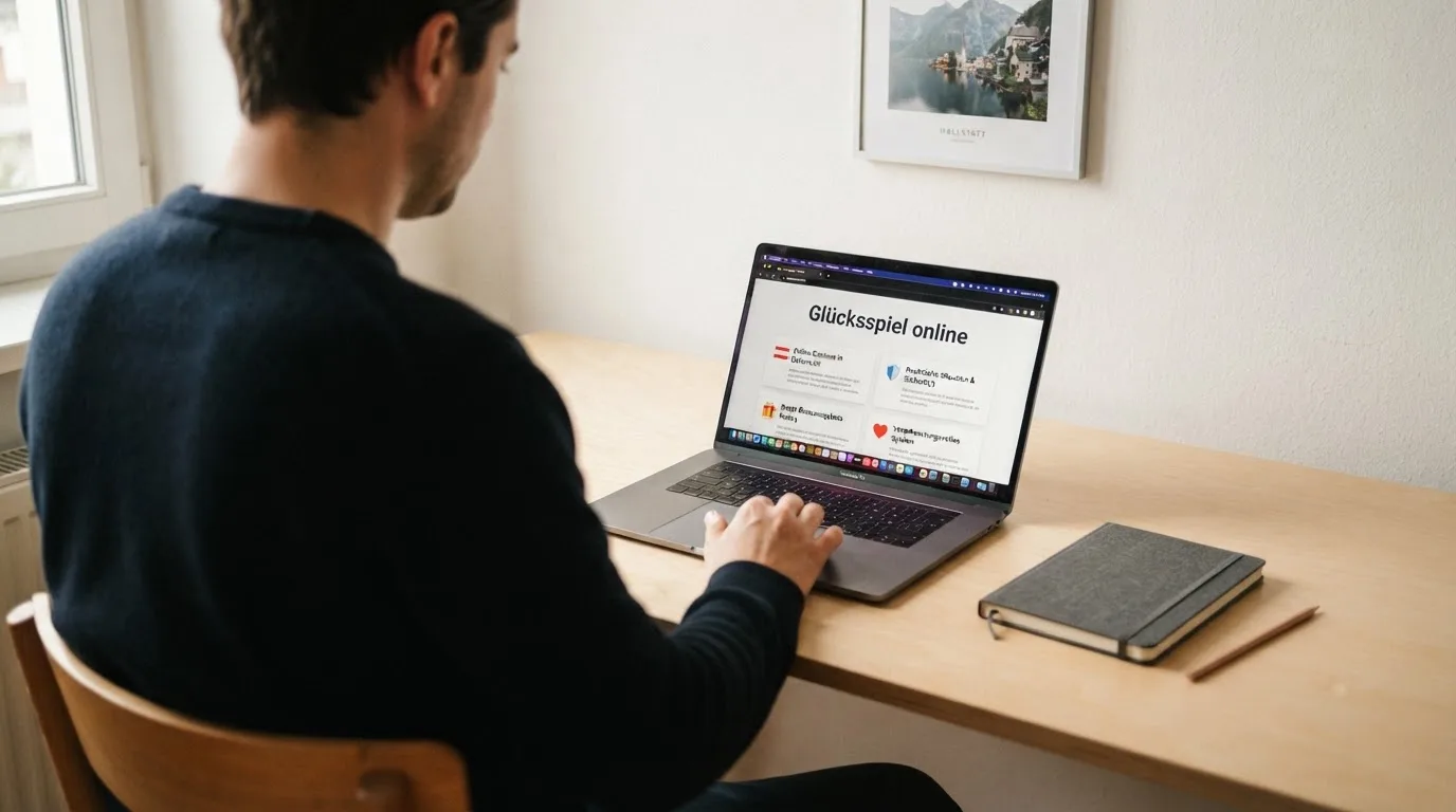 Person am Laptop liest eine Übersichtsseite zu Glücksspielen im Internet — online casino ohne auszahlungslimit