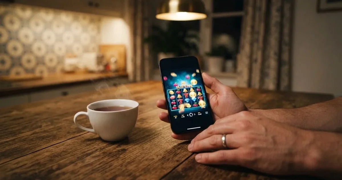 Hand hält ein Smartphone, daneben eine Tasse Tee, ruhige Abendstimmung am Küchentisch — online casino ohne auszahlungslimit